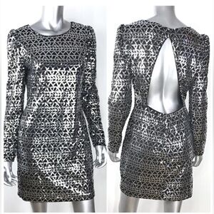 Black Metallic Holiday Long Sleeve Open Back Sequin Dress Size Small